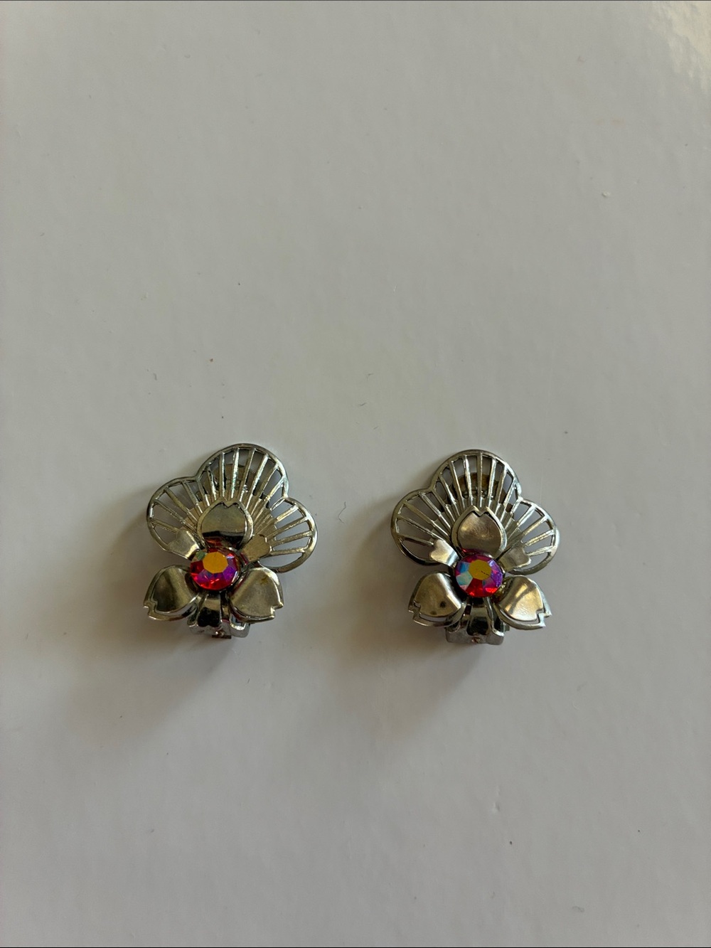 Vintage 1955-65 Silver Floral Clip Earrings with Iridescent Pink-Centered Stones